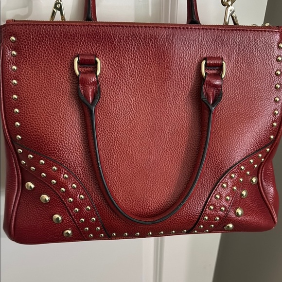 Red Studded leather Satchel with gold Accents - Picture 1 of 15